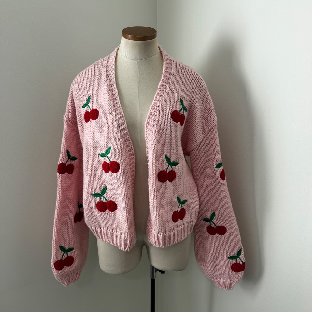 Altar'd State XXL Pink Cherry Chunky Knit Cardigan Sweater Cherries Coquette